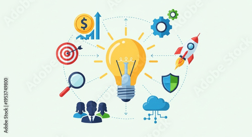 Business Idea Generation - Lightbulb, Target, Rocket, and Teamwork Icons.