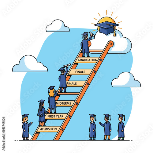 Cartoon illustration depicts a student's academic journey up a ladder