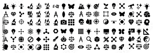 Science icons with microscope atom flask solid