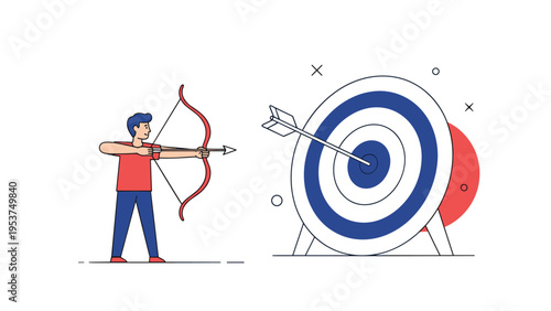 Determined man aiming a bow and arrow at a large target representing focus, goal setting, precision, and accuracy in professional tasks.
