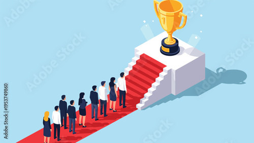Long line of business professionals waiting on a red carpet to reach a large golden trophy representing fierce competition for success.