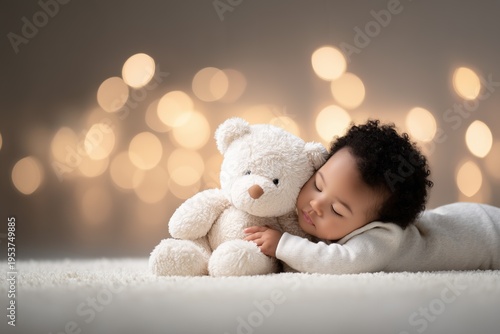 A peaceful baby snuggles with a fluffy teddy bear on a soft, cozy blanket, surrounded by warm, blurred lights.