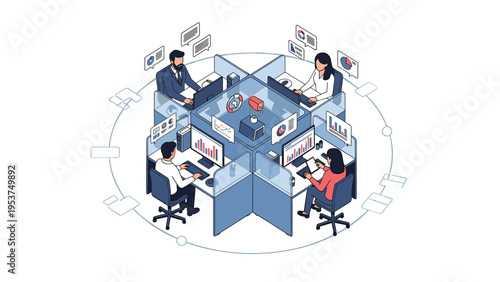 Isometric view of four professionals working in partitioned office cubicles focused on their computers, data, and daily business tasks.