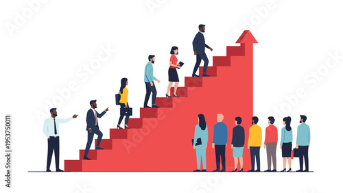 Diverse group of professional people climbs a large red arrow staircase that points upward toward corporate success.