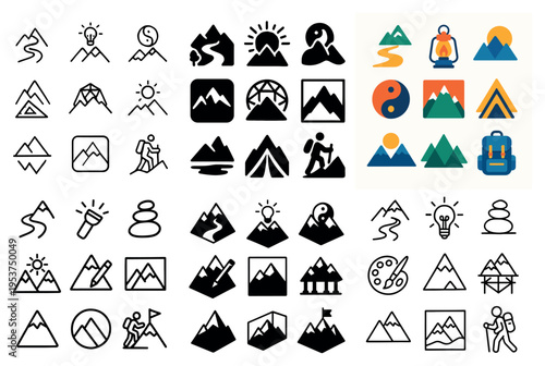 Mountain icons with tent hiker backpack minimal