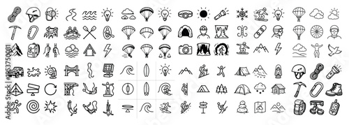 Adventure icons with tent backpack mountain outline