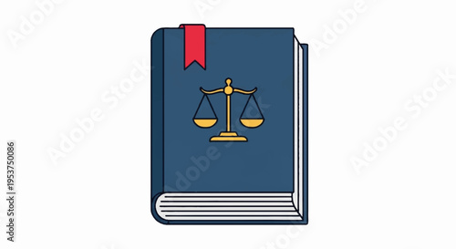 Law book with golden scales and red bookmark on blue cover symbolizing justice and knowledge