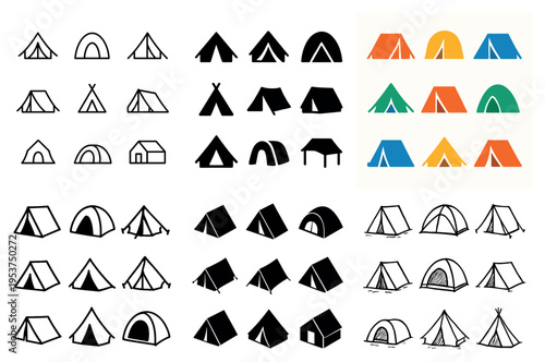Outdoor icons with tent teepee canopy minimal flat