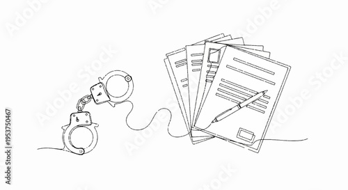 Handcuffs and legal documents with pen on paperwork symbolizing law enforcement and crime scene investigation