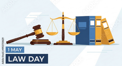 Law day illustration with gavel scales and books on a light blue background with 1 may text