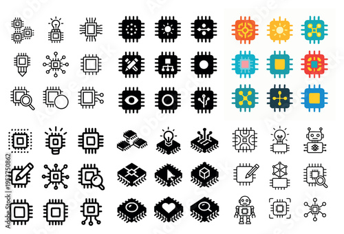 Technology icons with microchip circuit cpu flat