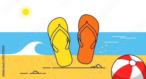Colorful beach scene with yellow and orange flip flops and red white beach ball on sandy shore by ocean waves sunny day summer vacation
