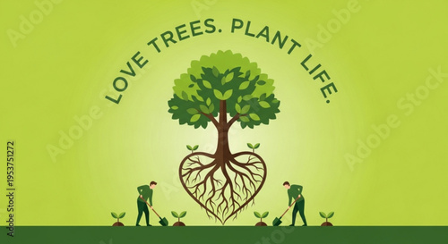 Environmental conservation concept with tree planting illustration and 'love trees plant life' slogan on green background