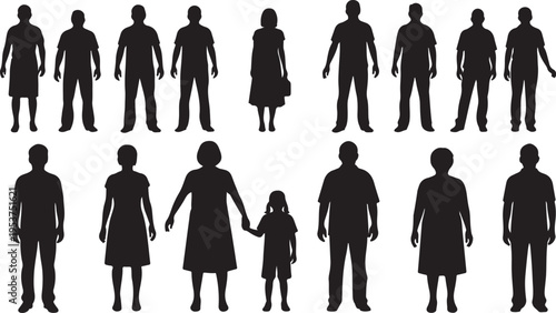 Silhouettes of people in various poses and groups
