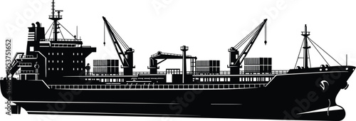 Cargo ship silhouette vector illustration design graphic, maritime freight transport logistics art concept, black and white decorative creative collection
