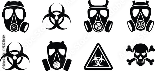 Silhouette bundle icons of gas masks and biohazard symbols for safety and warning signs