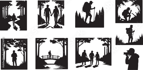Silhouette of people hiking and walking in forest
