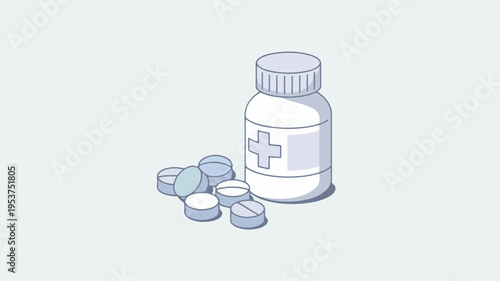 White medicine bottle with a cross and scattered pills on a light background healthcare and pharmacy concept