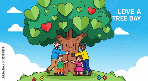 Family embraces tree with hearts on love a tree day in nature
