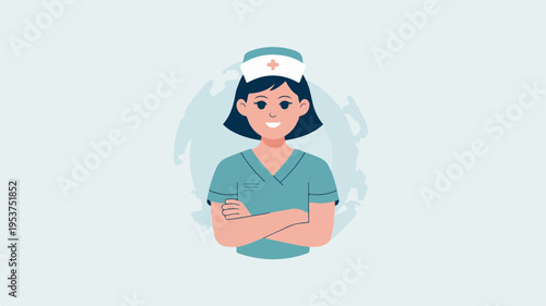 Female nurse standing confidently with arms crossed wearing scrubs and a cap on a light blue background with a soft green accent