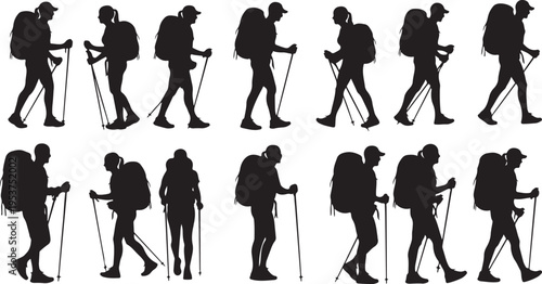 Hiker Silhouettes Walking with Backpacks and Trekking Poles