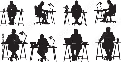 Silhouettes of people working at desks with lamps