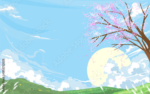 Spring landscape.Cherry tree blossom,Blue sky,Green meadow on hill.Summer nature flower blooming tree branches,grass field.Vector anime cartoon illustration Seasonal ,Travel design,Nature background