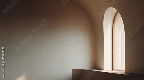 Bright window in a minimal room with soft light in the afternoon showing a simple architectural design and smooth surfaces created with natural materials