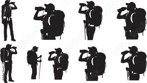 Hiker Silhouettes Exploring Nature with Binoculars and Backpacks