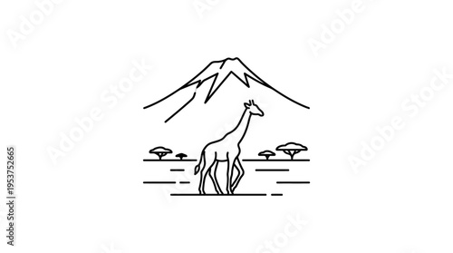 Minimalist Linear Drawing of Giraffe and Mount Kilimanjaro