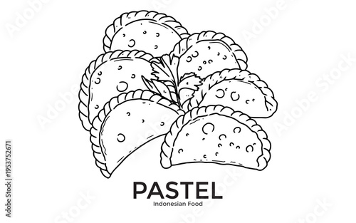 Black and white line art illustration of Indonesian pastel pastries with a sprig of parsley, a popular traditional snack.