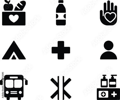 Humanitarian aid icon set, bold filled symbols including food supply water bottle helping hand tent shelter and first aid for disaster relief and charity design.