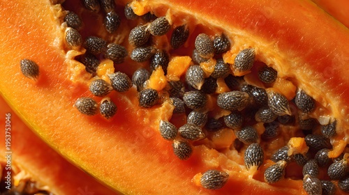 Close-up macro shot of a ripe papaya fruit cut in half revealing its seeds