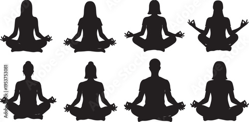 Silhouettes of people meditating in various yoga poses together