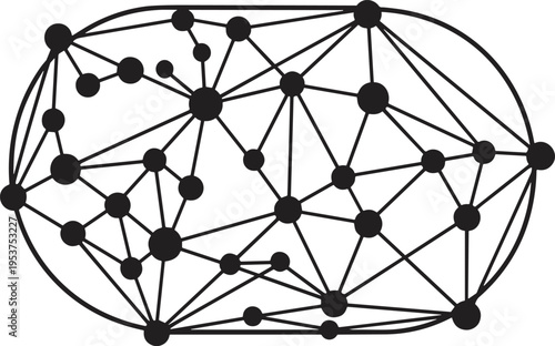 Complex network graph visualization with connected nodes and edges, abstract black circles and lines, data science concept for connectivity, centrality, relationships, and system analysis themes.