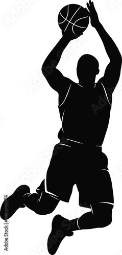 Silhouette illustration of basketball player performing slam dunk in mid‑air, dynamic sports action scene perfect for athleticism, energy, competition, and professional basketball themes.