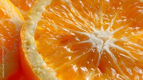 Close-up macro shot of juicy orange slices revealing vibrant segments and glistening pulp
