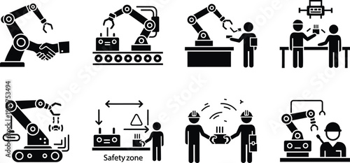 Silhouette bundle icons of industrial robots and workers in various manufacturing settings
