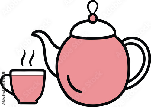 teapot with steam and a matching teacup.