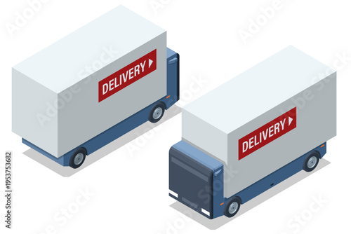 Isometric two autonomous box trucks isolated, shown from different angles. Smart delivery, driverless freight transport, logistics automation, cargo shipment and future commercial vehicle technology