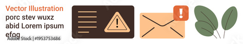 Email communication, notifications, alert systems, online messaging, digital warnings, web services. Warning sign on a card, envelope with exclamation mark and leaves. Email communication