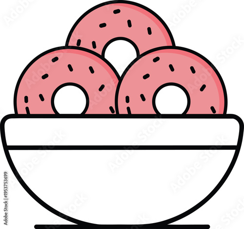bowl of donuts. Bitten donut icon with sprinkles and glaze variations.