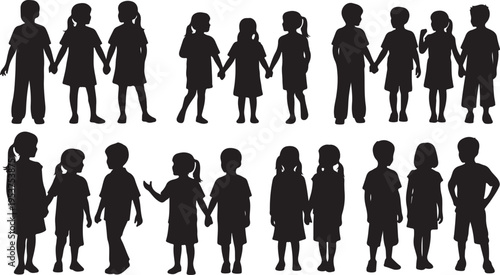 Silhouettes of children holding hands in various poses together