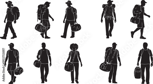 Silhouettes of people walking with luggage and bags outside