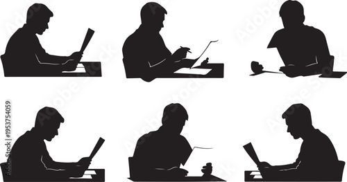 Silhouettes of people working on laptops and reading documents
