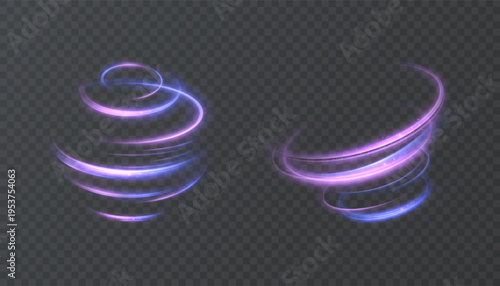 A glowing neon swirl with purple and blue shimmer, luminous spiral rings, and a motion effect against a dark background. An abstract, energetic effect for design and overlays.