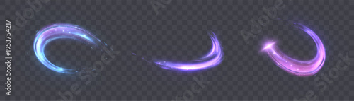 A bright purple light line with a curved direction and a glowing bright trail. A light beam that imitates the bright trail of a light stream.