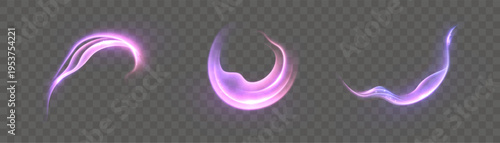 A set of vibrant purple swirl light trail effects with vibrant shimmer and trailing light. Vector light effects for design and illustrations.