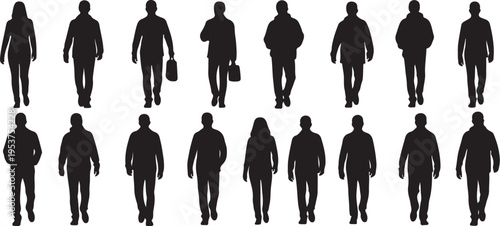 Silhouettes of people walking in various business attire styles