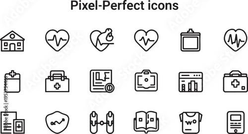 Black and white line icon set of medical healthcare data including hospital heart clipboard medical kit charts shield book and mobile document design